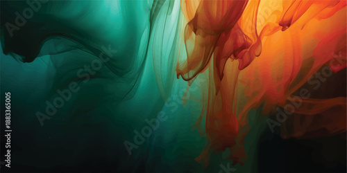 A dramatic and abstract background texture featuring colorful swirling fluid, thick smoke, and paint mixing in vibrant gradients of purple, teal, orange, and red, symbolizing chaos, mystery, and movem