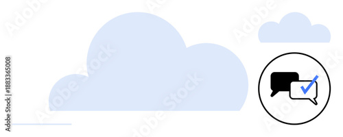 Blue clouds with black and white chat bubbles inside a circle, accompanied by a checkmark. Ideal for messaging, communication, verification, cloud storage, collaboration, customer support