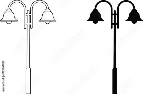 Modern dual arm street lamp vector icon set featuring minimalist outline and black silhouette versions for urban architectural planning.
