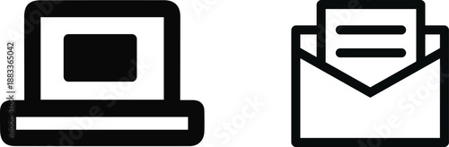 Minimalist Technology Icon Set with Laptop Computer and Open Mail Envelope Outline Symbols