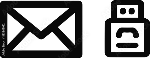 Minimalist Technology Icon Set with Email Envelope and USB Flash Drive Outline Symbols