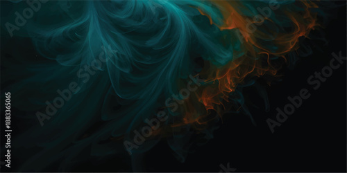 A dramatic and abstract background texture featuring colorful swirling fluid, thick smoke, and paint mixing in vibrant gradients of purple, teal, orange, and red, symbolizing chaos, mystery, and movem