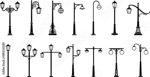 Vintage street lamp silhouette collection featuring various antique lantern styles and ornate black wrought iron poles for urban city design.