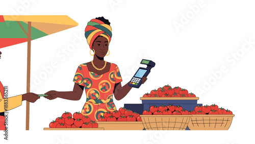 Woman selling tomatoes at market with payment terminal