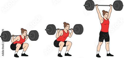 Weightlifting exercise illustration sequence showing female athlete performing squat and overhead press with barbell in fitness training routine