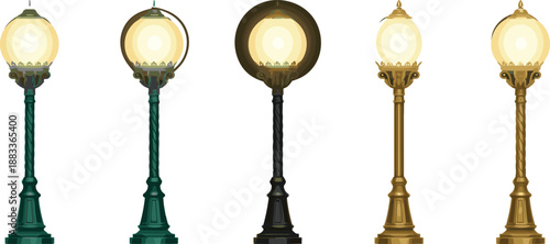 Vintage Victorian street lamp collection with elegant ornate poles and glowing round globes for urban park landscaping and architectural design.