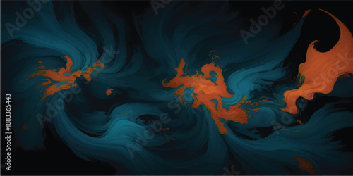 Color explosion of yellow and blue ink in dark liquid, swirling motion, detailed abstract forms, dramatic contrasts, high-resolution macro shot, fluid textures, intricate flowing shapes