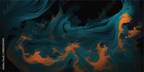 Color explosion of yellow and blue ink in dark liquid, swirling motion, detailed abstract forms, dramatic contrasts, high-resolution macro shot, fluid textures, intricate flowing shapes