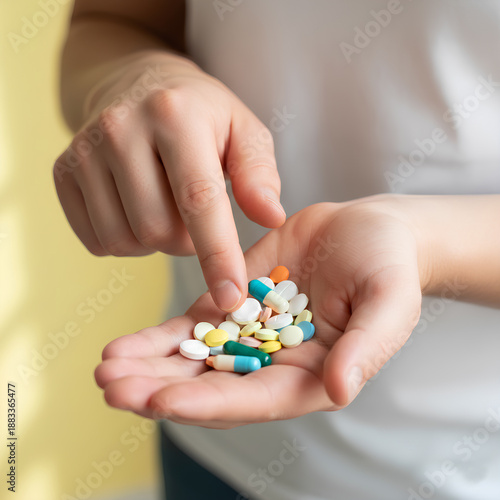 Wallpaper Mural Close-up of a person's hand holding a large variety of colorful medical pills, tablets, and capsules representing pharmaceutical treatment, polypharmacy, and healthcare management Torontodigital.ca