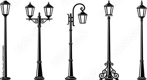 Set of five vintage street lamp silhouettes with decorative poles and classic lantern heads isolated on white background vector illustration collection