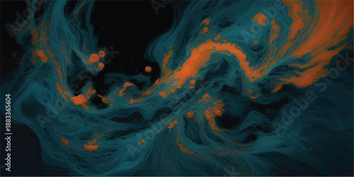 Abstract swirling ink in black liquid, vibrant yellow and blue mixing into intricate flowing patterns, high contrast, dramatic lighting, ultra-detailed textures, dynamic liquid art