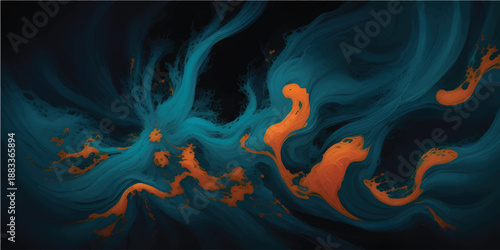 Dynamic abstract explosion of blue and orange smoke with glowing vertical lines and particle effects, reflecting on a dark surface.