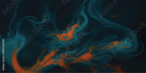 Smoke explosion collision of vibrant orange and teal color dust on a dark background