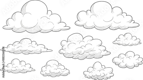 Hand Drawn Cloud Shapes Collection with Fluffy Weather Sky Elements Outline Flat Vector Illustration Set