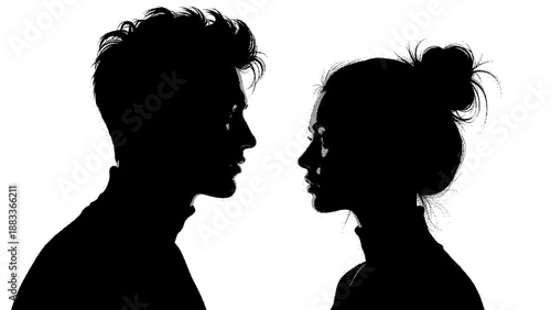 Black silhouette of a man and woman facing each other in profile