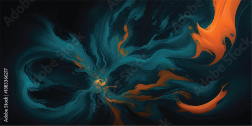 Abstract Fluid Art Background Orange, Teal, and Blue Smoke, Swirls, & Vapor on Black - Artistic Design.