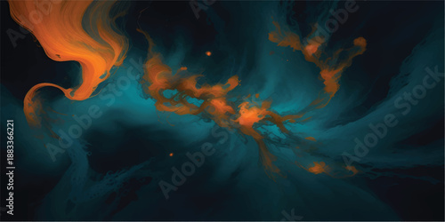 Orange powder explosion over teal smoke on black background