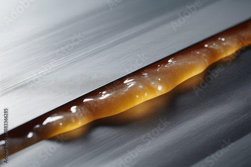 Close-up of Industrial Metal Roller with Amber Liquid Drip