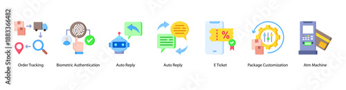Secure Digital Access web banner icon vector illustration featuring Order Tracking, Biometric Authentication, Auto Reply, Auto Reply, E Ticket, Package Customization, and Atm Machine.
