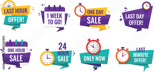 Limited Time Sale Offer Label Set with Countdown Clock and Calendar Icons for Urgent Retail Promotion Vector Illustration
