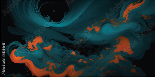 Close Up Colorful Ink Swirls Exploding Against Black Background, Vivid Hues of Orange Yellow Teal Purple Pink and Blue Dye Mixing Dynamically