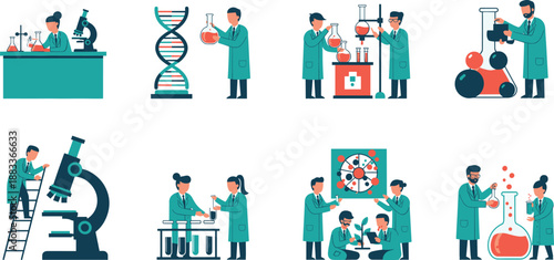 Science laboratory and research illustration set featuring scientists, experiments, chemistry, biology, microscopes, and innovation concepts in flat vector style