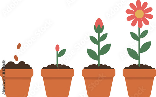 Cartoon flowering plant growth stages icon set with seed, sprout, bud, leafy stem, and full bloom in flower pots.