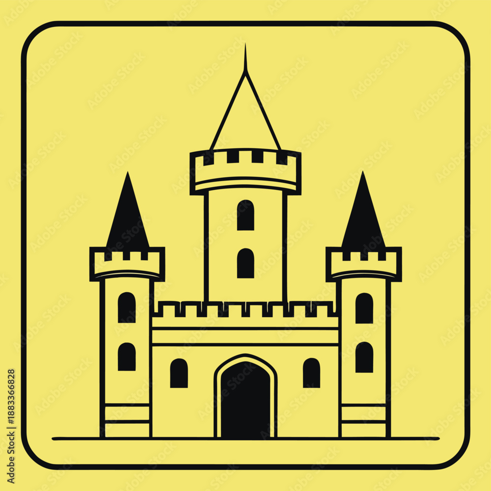 Fototapeta premium Simple of Yellow Castle with Three Towers and Arched Door black outlines battlements