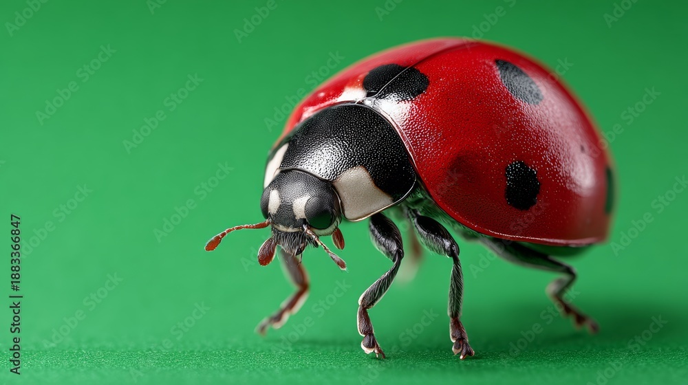Fototapeta premium Ladybug with vibrant red shell and black spots, captured in ultra-photorealistic detail against a bright green background, showcasing its intricate features and textures with copy space