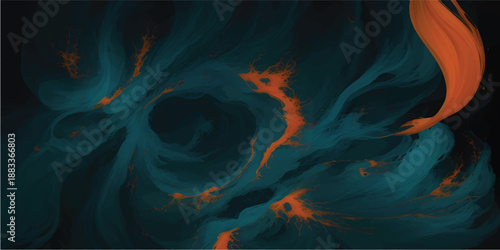Vibrant orange and red fire flames dance against a dark sky, forming a hot fractal pattern of burning smoke and energy waves in an artistic blue and yellow backdrop design
