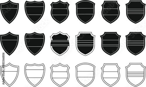 Majestic Shield Badge Vector Set with Eighteen Unique Black and White Heraldic Security and Protection Icon Illustrations