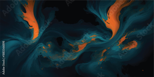 Abstract watercolor background featuring orange flames and blue waves with smooth texture and burning energy on a dark design