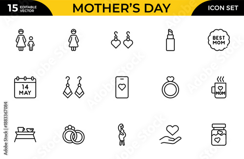 Mother’s Day Icon Set – Love, Care and Family Thin Outline Icons Collection Including Mother, Child, Heart and Gift Symbols, Modern Vector Illustration