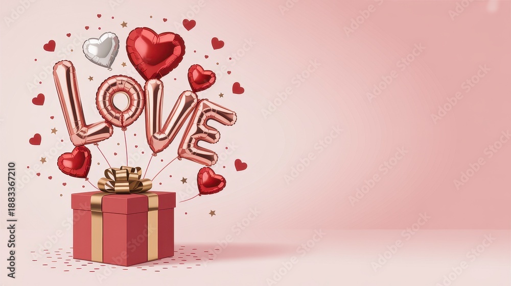 Obraz premium 3D love typography with red heart balloons and gift box, romantic valentine day banners background