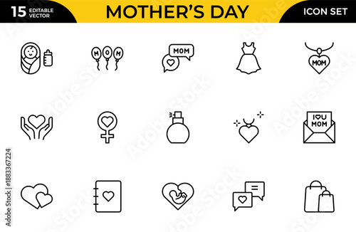 Mother’s Day Icon Set – Love, Care and Family Thin Outline Icons Collection Including Mother, Child, Heart and Gift Symbols, Modern Vector Illustration