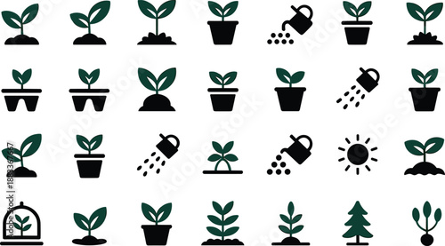 Cartoon plant and gardening icon set with seedlings, watering cans, sun, greenhouse, and growth stages in stylized grid.