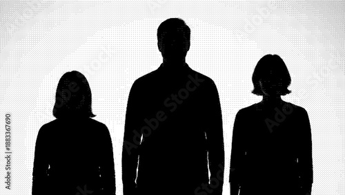 Black silhouettes of three people standing together in a row