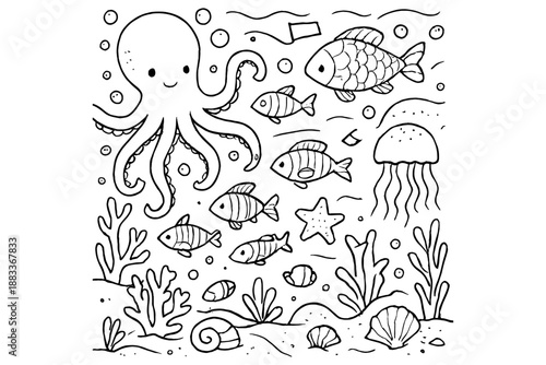 fish in the sea,
Minimal Sea Life Doodles Black Line Art