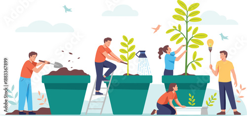 Cartoon plant care and growth stages icon set with shovel, watering, tending, and light bulb idea metaphor.