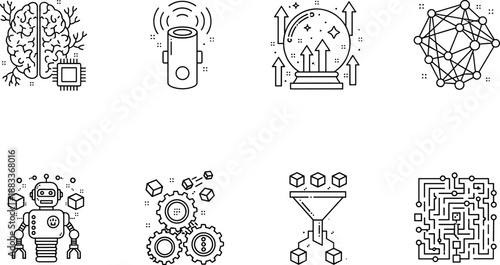 Artificial intelligence icon set, machine learning symbols, data science graphics, neural network, robotics, predictive analytics, encryption, tech vector, black white