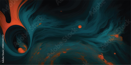 Dark Abstract Fluid Smoke Texture with Blue Teal and Orange Ink Swirls in Water