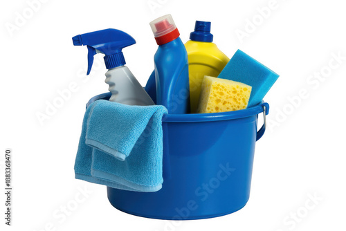 Blue Bucket with Cleaning Supplies isolated on a transparent background