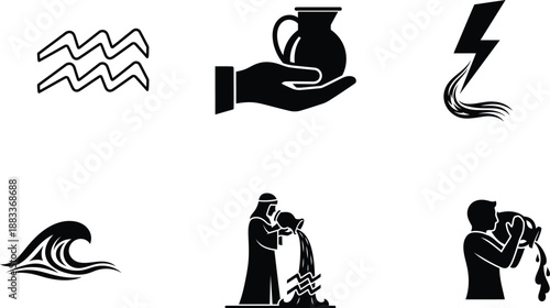 black and white illustrations of people and natural elements