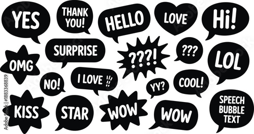 Cartoon speech bubble icon set with bold text expressions, heart shapes, bursts, stars, and comic-style emotion graphics.