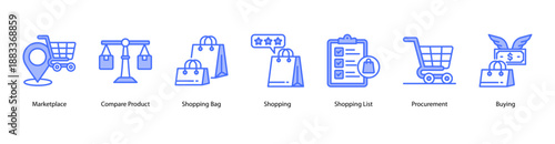 Buying Process web banner vector illustration featuring Marketplace, Compare Product, Shopping Bag, Shopping, Shopping List, Procurement, and Buying.