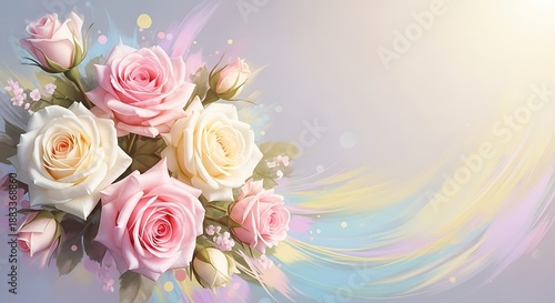 Elegant rose bouquet arrangement with pastel brushstroke background