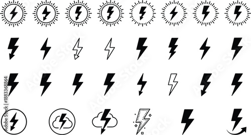 Lightning Bolt Icons Collection with Electric Energy Power Symbols in Various Styles Flat Vector Illustration Set