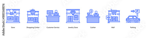 Mall Services web banner vector illustration featuring Store, Shopping Center, Customer Service, Jewelry Store, Cashier, Mall, and Parking.