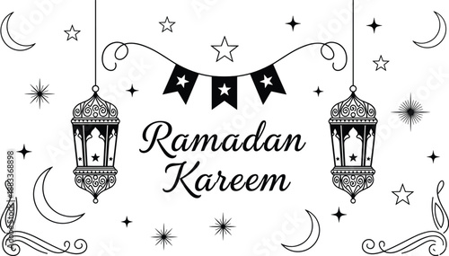 Ramadan Kareem Greeting Banner with Lanterns Crescent Moon Stars and Islamic Decorative Elements Flat Vector Illustration