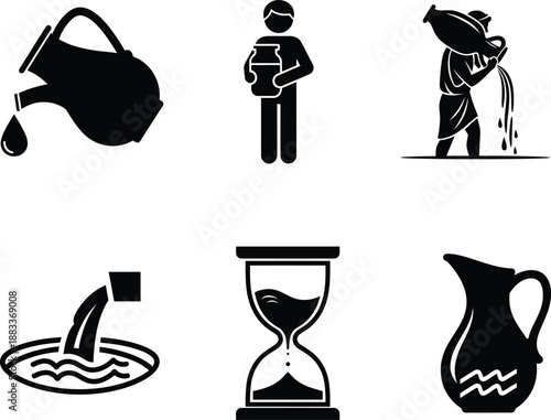 Black silhouettes of people and water vessels on white background